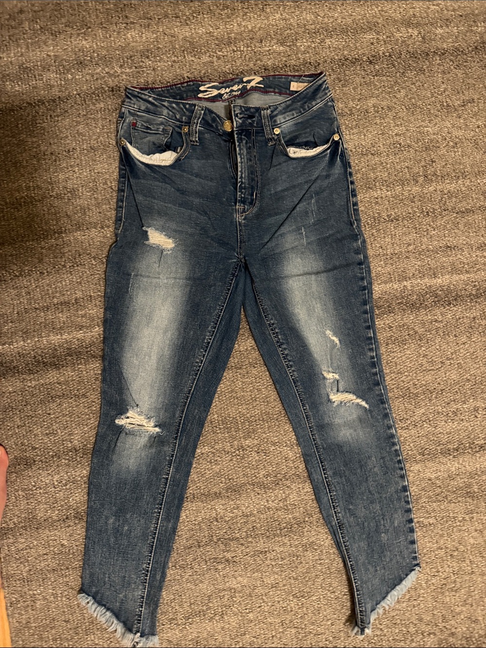 Seven7 Dark Blue Distressed Ankle Crop Jeans
